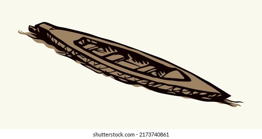 Trip wherry skiff drift pictogram emblem. Light white pond text space. Outline black ink hand drawn creative ocean shallop logo label image design in retro art doodle engrave print style. Closeup view