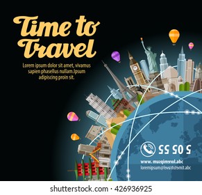 Trip to world. Landmarks on the globe. Journey, travel. Vector illustration