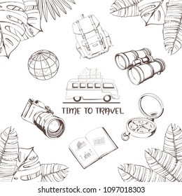 Trip to World. Travel to World. Vacation. Road trip. Tourism. Travel banner. Open suitcase with landmarks. Journey. Travelling illustration. Modern flat design. EPS 10.