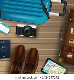 Trip to World. Travel to World. Vacation. Road trip. Tourism. Travel banner. Open suitcase with landmarks. Journey. Travelling illustration