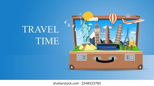 Trip to World. Travel to World. Vacation. Road trip. Tourism. Travel banner. Open suitcase with landmarks. Journey. Travel and adventure template, travel time. vector illustration in flat design