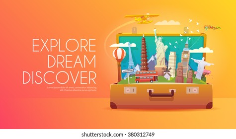 Trip to World. Travel to World. Vacation. Road trip. Tourism. Travel banner. Open suitcase with landmarks. Journey. Travelling illustration. Modern flat design. EPS 10. Colorful.