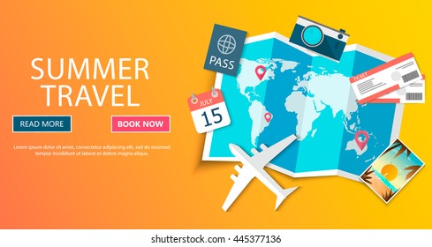 Trip to World. Travel to World. Vacation. Road trip. Tourism. Travel banner. Journey. Travelling illustration. Modern flat design. EPS 10. Colorful.