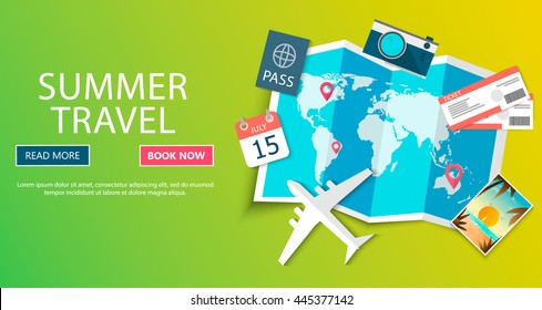 Trip to World. Travel to World. Vacation. Road trip. Tourism. Travel banner. Journey. Travelling illustration. Modern flat design. EPS 10. Colorful.