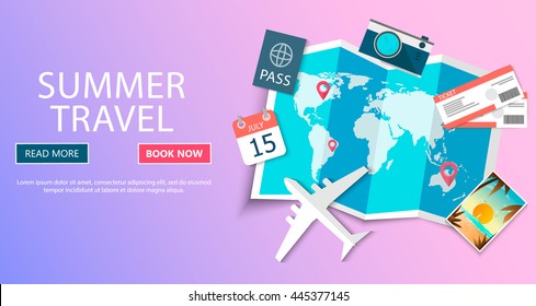 Trip to World. Travel to World. Vacation. Road trip. Tourism. Travel banner. Journey. Travelling illustration. Modern flat design. EPS 10. Colorful.