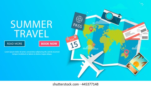 Trip to World. Travel to World. Vacation. Road trip. Tourism. Travel banner. Journey. Travelling illustration. Modern flat design. EPS 10. Colorful.