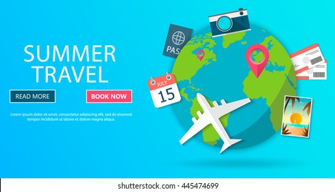 Trip to World. Travel to World. Vacation. Road trip. Tourism. Travel banner. Journey. Travelling illustration. Modern flat design. EPS 10. Colorful.