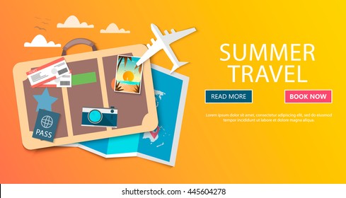 Trip to World. Travel to World. Vacation. Road trip. Tourism. Travel banner. Journey. Travelling illustration. Modern flat design. EPS 10. Colorful.