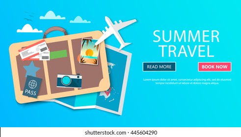 Trip to World. Travel to World. Vacation. Road trip. Tourism. Travel banner. Journey. Travelling illustration. Modern flat design. EPS 10. Colorful.