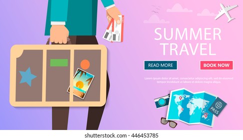 Trip to World. Travel to World. Vacation. Road trip. Tourism. Travel banner. Journey. Travelling illustration. Modern flat design. EPS 10. Colorful.