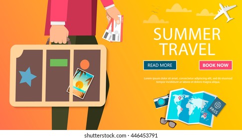 Trip to World. Travel to World. Vacation. Road trip. Tourism. Travel banner. Journey. Travelling illustration. Modern flat design. EPS 10. Colorful.