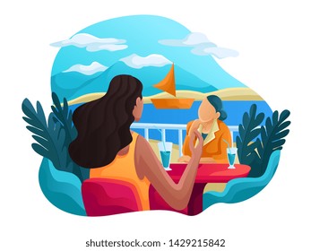 Trip to World. Vacation.  Tourism. Travel banner. Journey. Travelling illustration. Modern flat design. woman have conversation at sea side view or river 