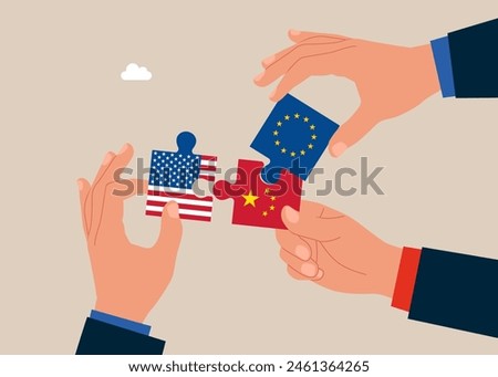 Tripartite political relations and cooperation between United State of America, European Union and China. Flat vector illustration