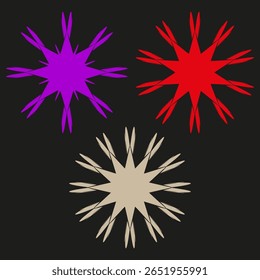 Iconografia de explosão estelar tripartida. Triunvirato estelar variado. Vetor pirotécnico luminoso. Brilho de fundo da obsidiana.