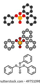 Triphenyl phosphate molecule. Used as flame retardant and plasticizer. Stylized 2D renderings and conventional skeletal formula.
