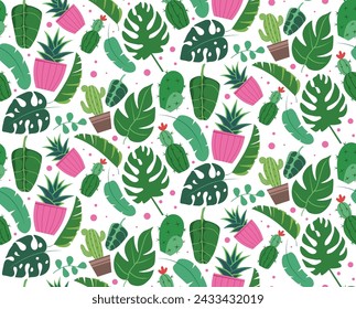 Tripical seamless pattern with green leaves