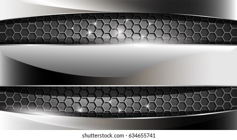 Triple 3D glass chrome plates on modern hexagon grid. Gray tones. Can be used for interface websites, industrial decor, sport background...