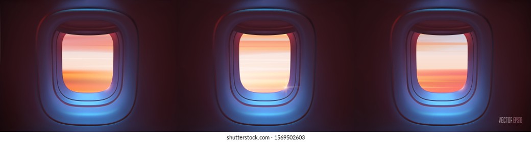 Triple Airplane porthole in the evening ambient atmosphere with clouds sunset visible through window. In pink blue color scheme. Ultra realistic 3d vector illustration with copy space