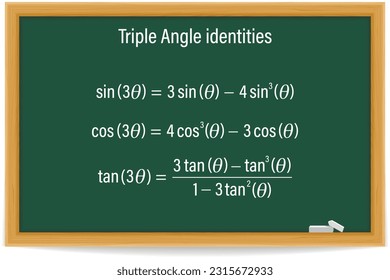 Triple Angle Identities. Trigonometry Formula on a green chalkboard. School. Math. Vector illustration. 