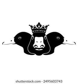 Triple animal design with three heads of ducks or goose in royal crown. Black and white silhouette.