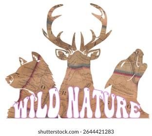 Triple animal silhouette with bear, deer, and wolf. Brown pattern with “Wild Nature” text. Ideal for wildlife, adventure, or nature themes.