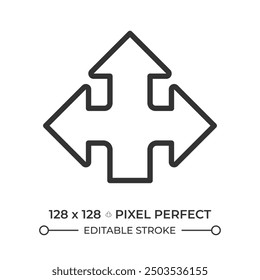 Triple arrow linear icon. Representing options or decision-making. Three paths. Direction and navigation symbol. Thin line illustration. Contour symbol. Vector outline drawing. Editable stroke