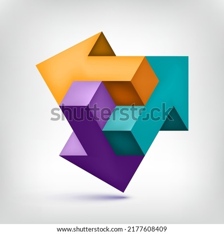 Triple arrow. Unreal object. Color Pointer in three directions. Vector design element for you project