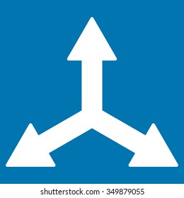 Triple Arrows vector icon. Style is flat symbol, white color, rounded angles, blue background.