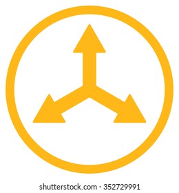 Triple Arrows vector icon. Style is flat circled symbol, yellow color, rounded angles, white background.