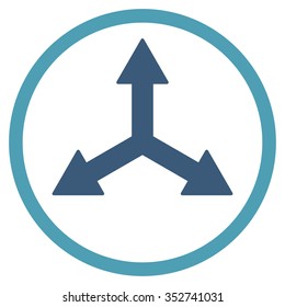 Triple Arrows vector icon. Style is bicolor flat circled symbol, cyan and blue colors, rounded angles, white background.