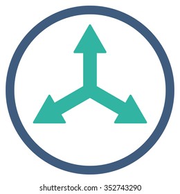Triple Arrows vector icon. Style is bicolor flat circled symbol, cobalt and cyan colors, rounded angles, white background.