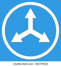 Triple Arrows vector icon. Style is flat circled symbol, white color, rounded angles, blue background.