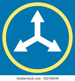 Triple Arrows vector icon. Style is bicolor flat circled symbol, yellow and white colors, rounded angles, blue background.