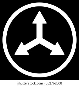 Triple Arrows vector icon. Style is flat circled symbol, white color, rounded angles, black background.