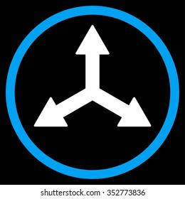 Triple Arrows vector icon. Style is bicolor flat circled symbol, blue and white colors, rounded angles, black background.
