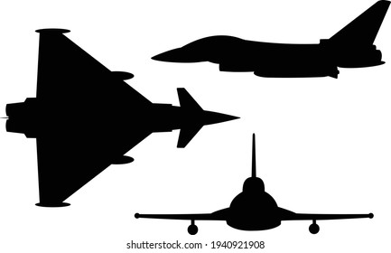 triple aspect modern fighter jet silhouette vector