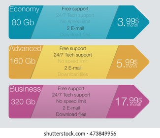 Triple banner for hosting, interface for the site.Three tariffs banners. Web pricing table. Vector design for web app. Arrow style.