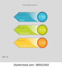 Triple banner for hosting. Three tariffs banners. Web pricing table. Vector design for web app. Arrow style.
