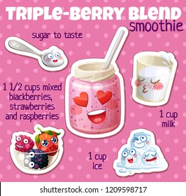 Triple berry smoothie recipe illustration with funny characters. Milkshake ingredients cartoon vector icons