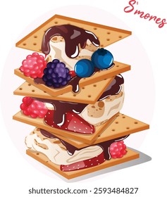 Triple Berry S`more Stack. Crackers with Gooey Marshmallows, Melting Chocolate, Strawberries, Raspberries and Blueberries. Graham Cracker Sandwiches with Fresh Berries Detailed Illustration