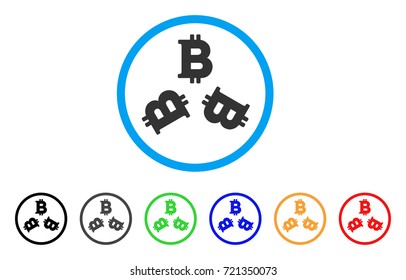 Triple Bitcoin rounded icon. Style is a flat triple bitcoin gray symbol inside light blue circle with black, gray, green, blue, red, orange versions. Vector designed for web and software interfaces.