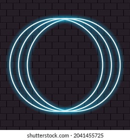 Triple blue circle neon frame for banner or sign isolated on a dark brick wall.