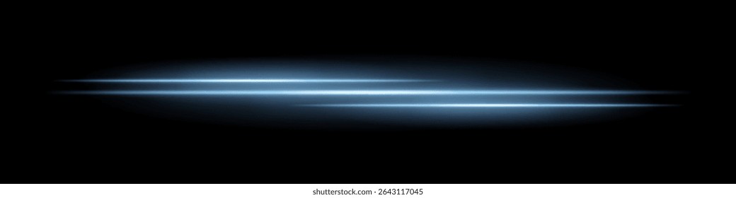 Triple blue light streaks with glowing blur and motion trail on black background. Dynamic horizontal laser beams ideal for speed effects, futuristic HUDs, or sci-fi overlays.