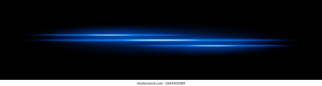 Triple blue light streaks with glowing blur and motion trail on black background. Dynamic horizontal laser beams ideal for speed effects, futuristic HUDs, or sci-fi overlays.