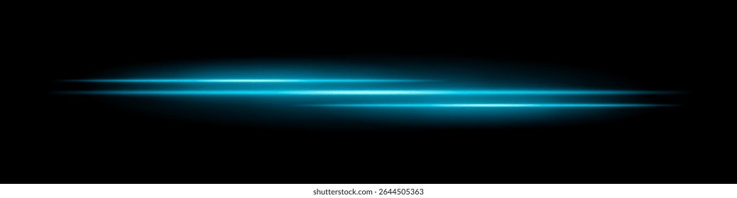 Listras triplas de luz azul com desfoque brilhante e trilha de movimento no plano de fundo preto. Feixes de laser horizontais dinâmicos ideais para efeitos de velocidade, HUDs futuristas ou sobreposições de ficção científica.