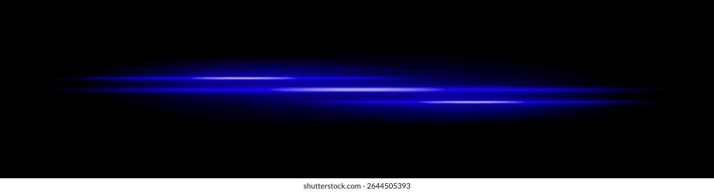 Listras triplas de luz azul com desfoque brilhante e trilha de movimento no plano de fundo preto. Feixes de laser horizontais dinâmicos ideais para efeitos de velocidade, HUDs futuristas ou sobreposições de ficção científica.