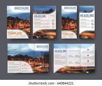 triple brochure template, flyer A4, and a narrow banner with a place for the image. Design corporate style with blurred photo for sample. Vector illustration,