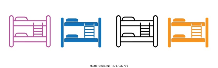 Ícones de cama de beliche triplo: esboço, sólido e desenhos coloridos para quartos
