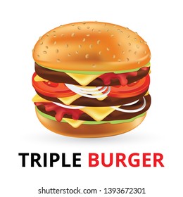 Triple Burger. Delicious and attractive hamburger with refreshing ingredients in 3d illustration. Fast Food. Grocery delivery concept