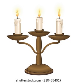 Triple candlestick. 3 wax candles on a metal candlestick. Vector illustration